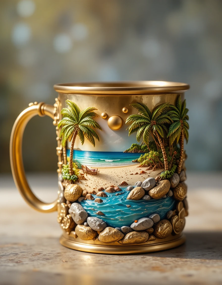 Messing-Kaffeetasse mit tropischer Insel-Strandszene