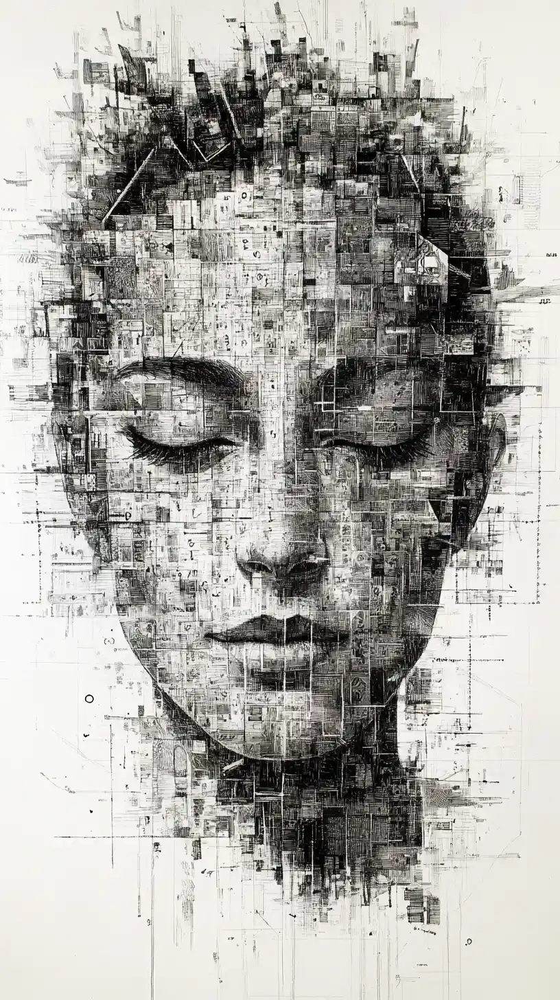 Surreal human face emerging from ordered numerical chaos