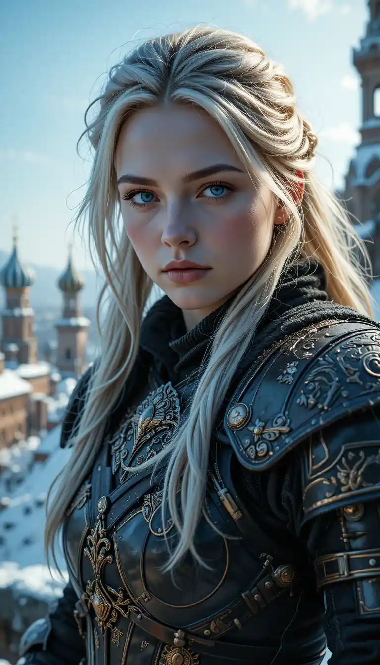 Close up portrait of a blonde Russian fantasy warrior