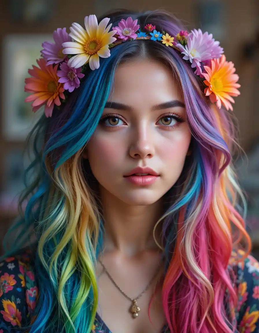 Young woman with rainbow hair and floral accents portrait