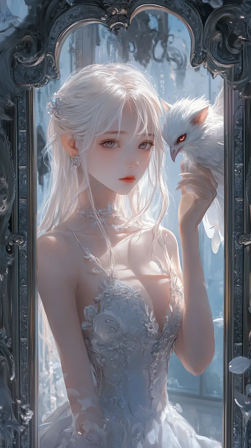 Anime girl before a mirror with a surreal winged reflection