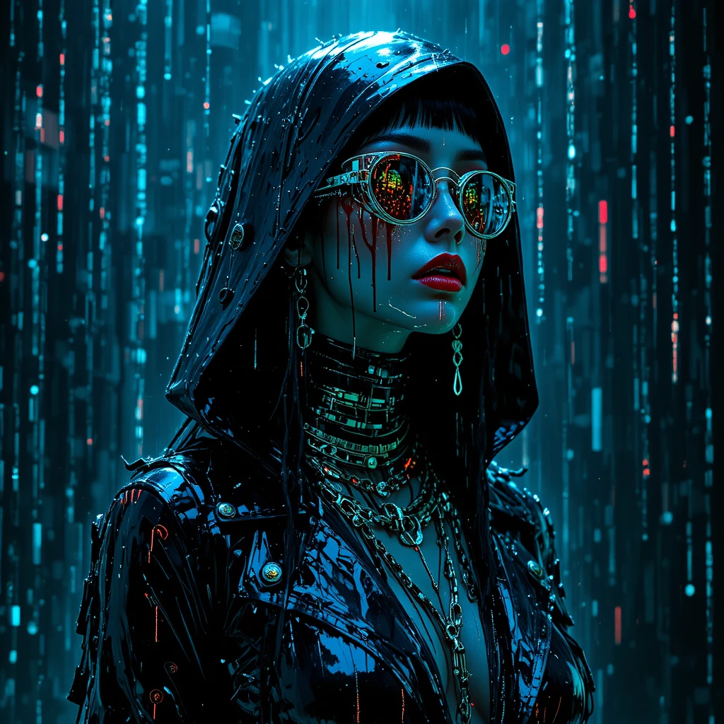 Cyber noir woman in glitching digital reality