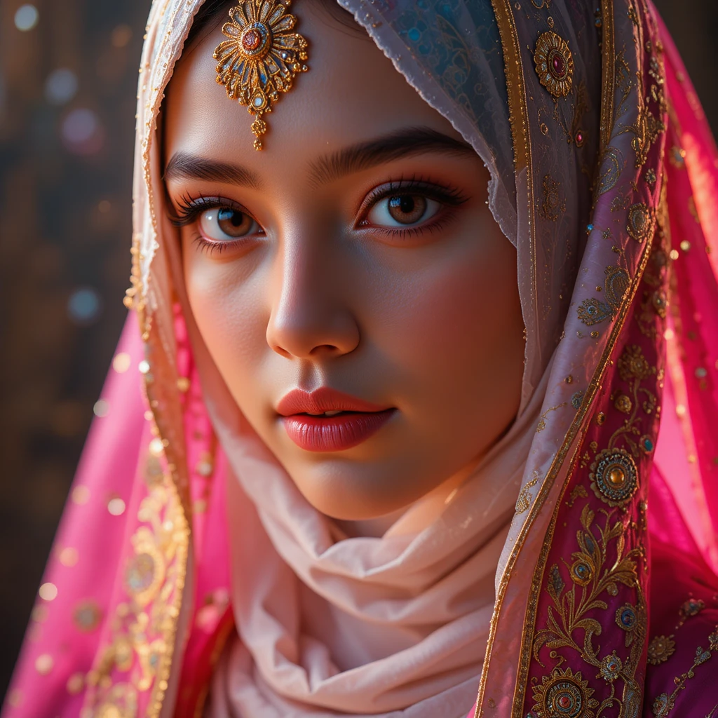 Elegant Arab woman in embroidered abaya close up portrait