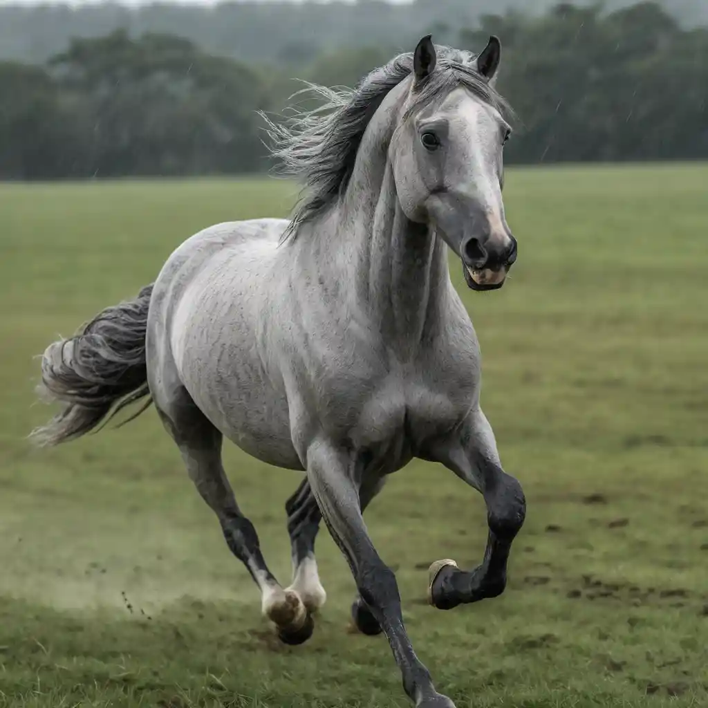 Grey horse running through a rainy open field