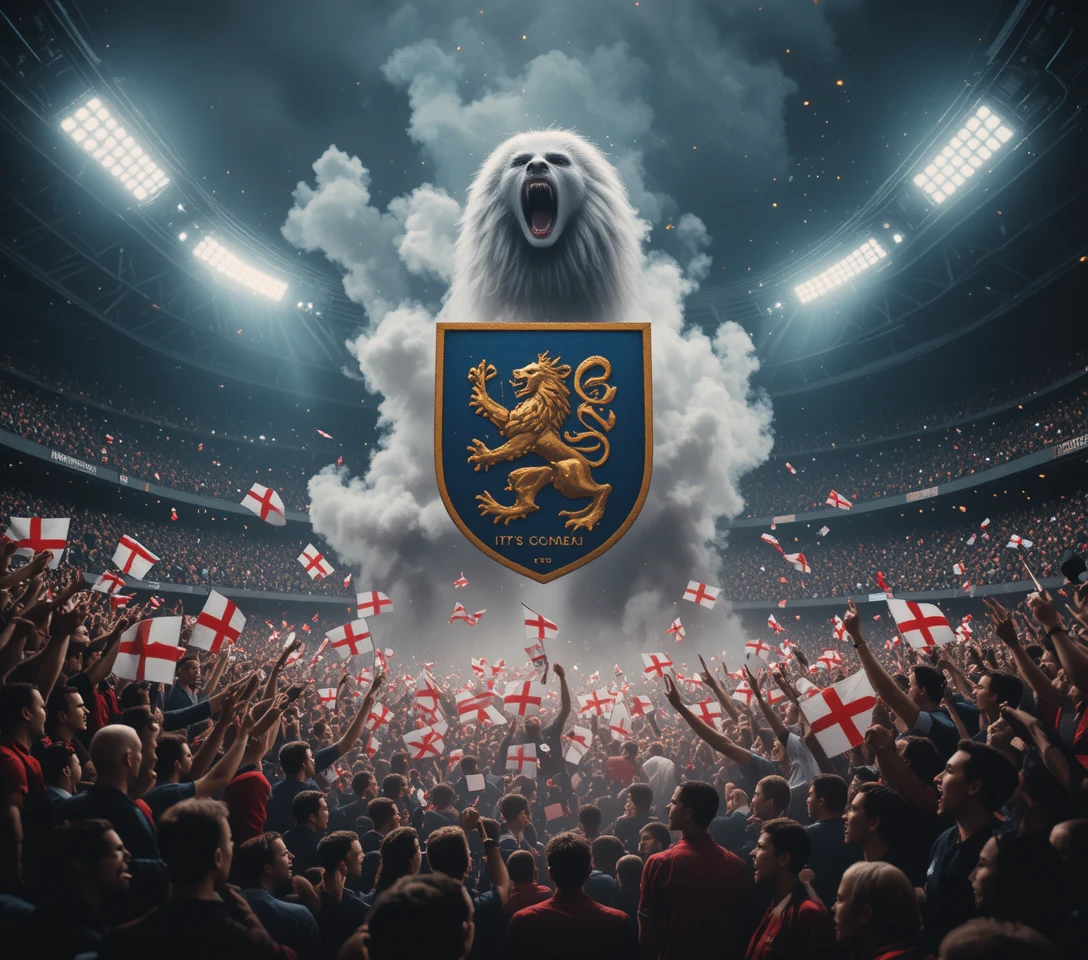 Roaring white lion above England fans in stadium