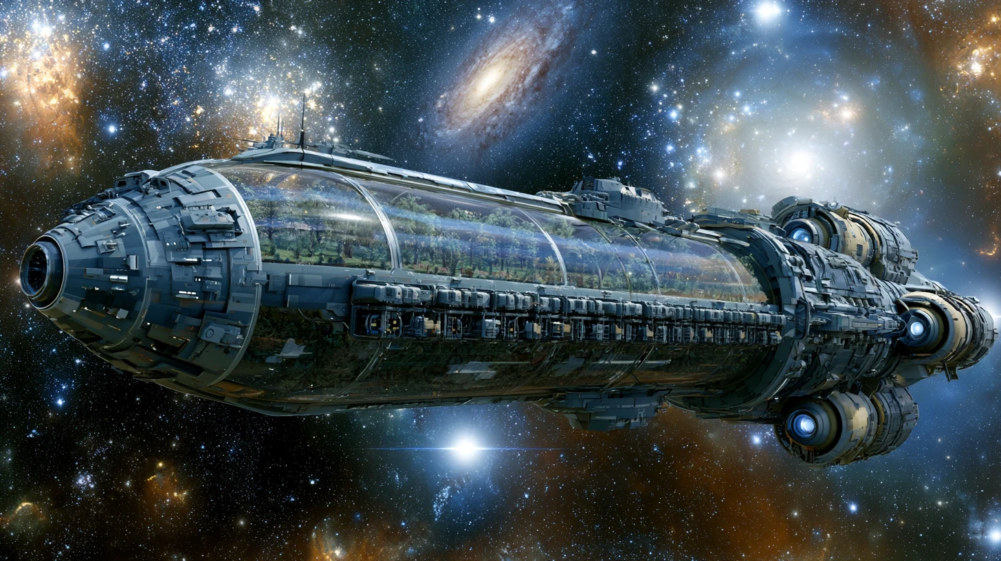 Gigantic generational spaceship cruising through deep outer space
