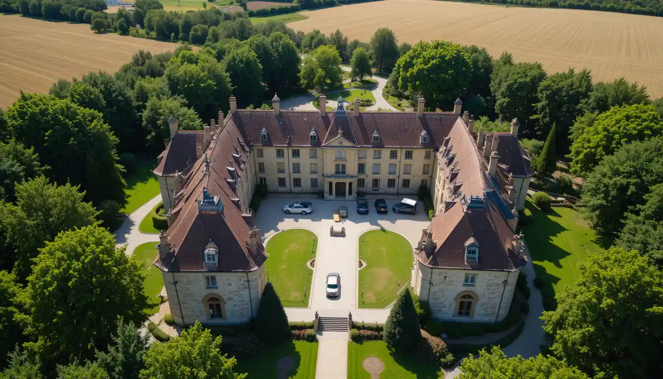 Aerial view of a grand stone chateau in the countryside