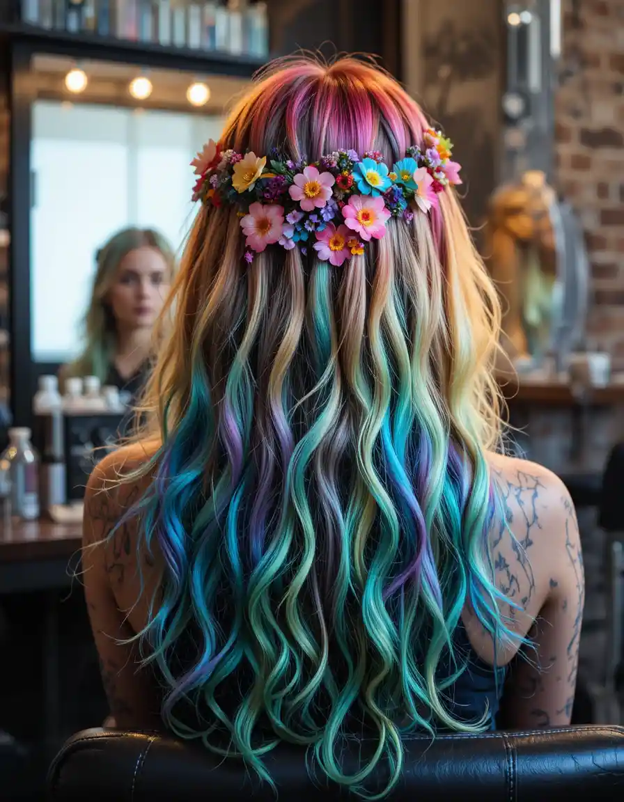 Hippie girl with rainbow hair in a salon mirror portrait