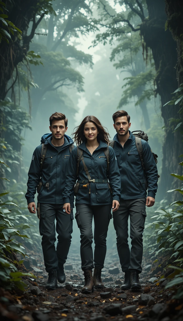 Friends at the edge of a mysterious jungle entrance