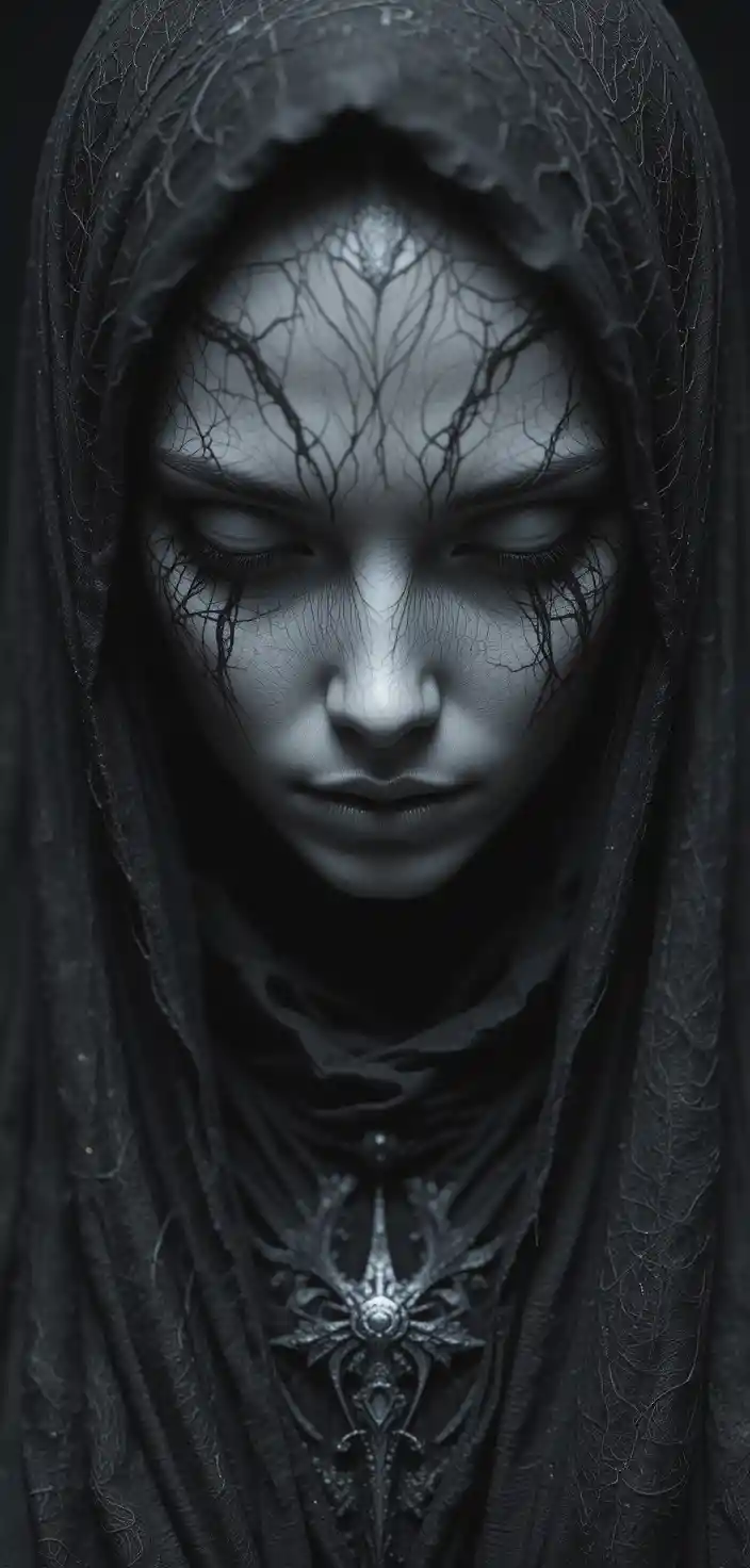Ethereal grayscale close up of a cloaked fantasy woman