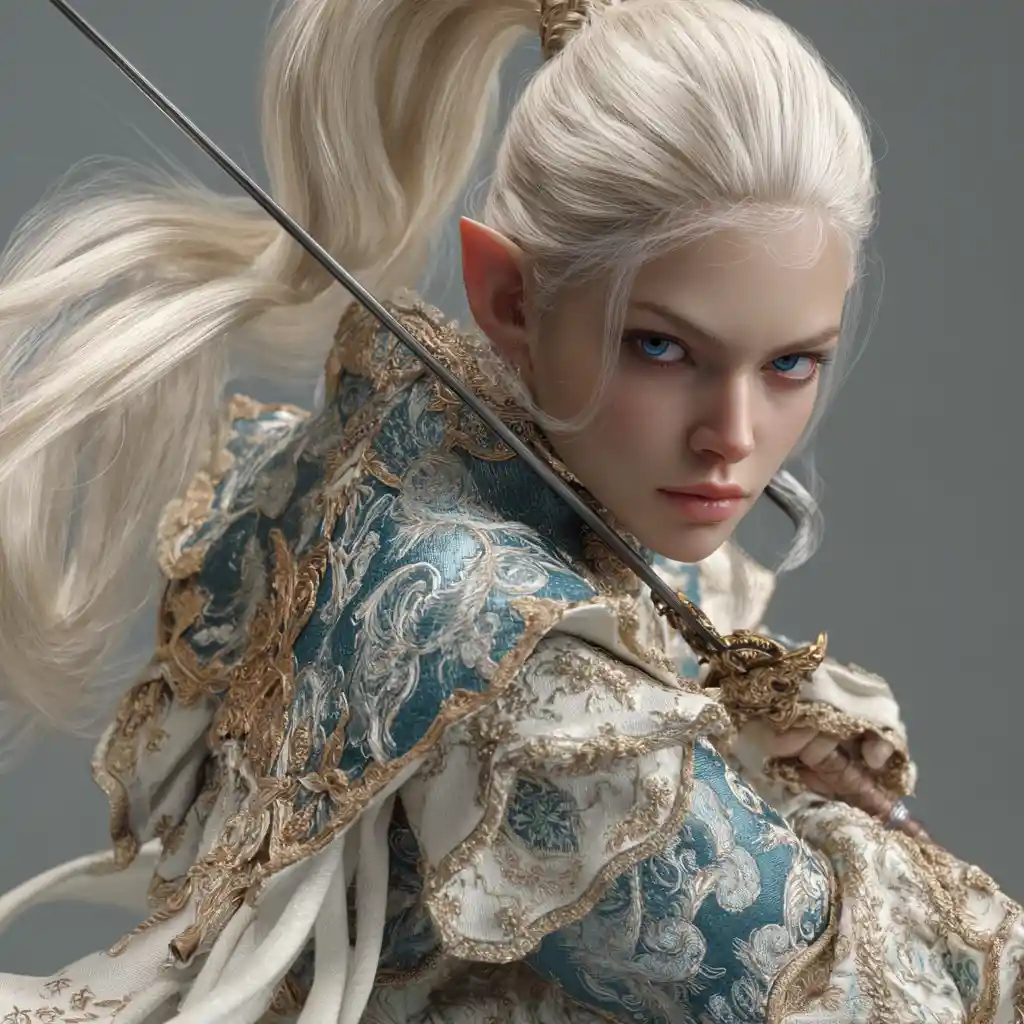 Elegant elf duelist with platinum ponytail and rapier sword