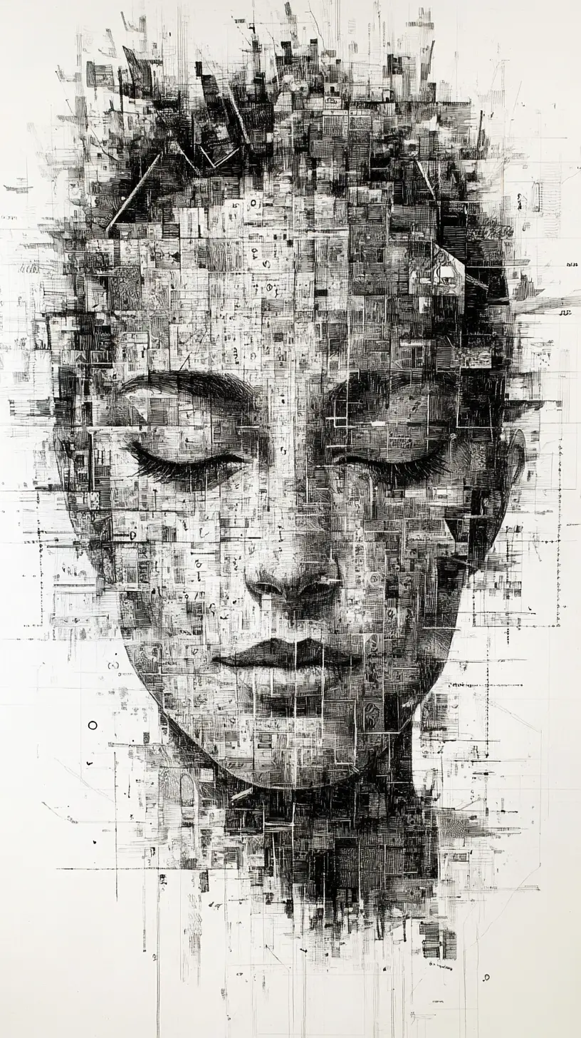 Surreal human face emerging from ordered numerical chaos
