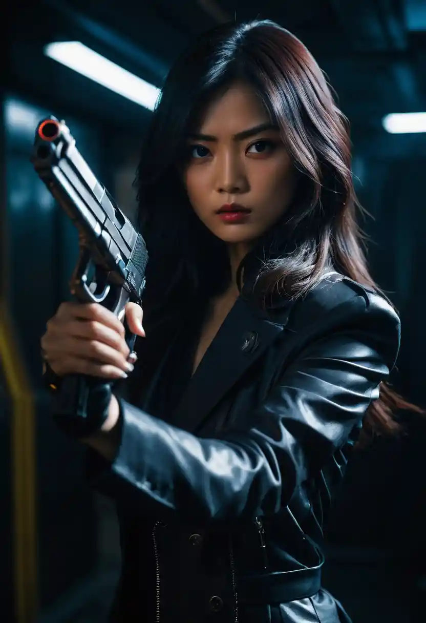Japanese woman aiming a gun in neon cinematic portrait