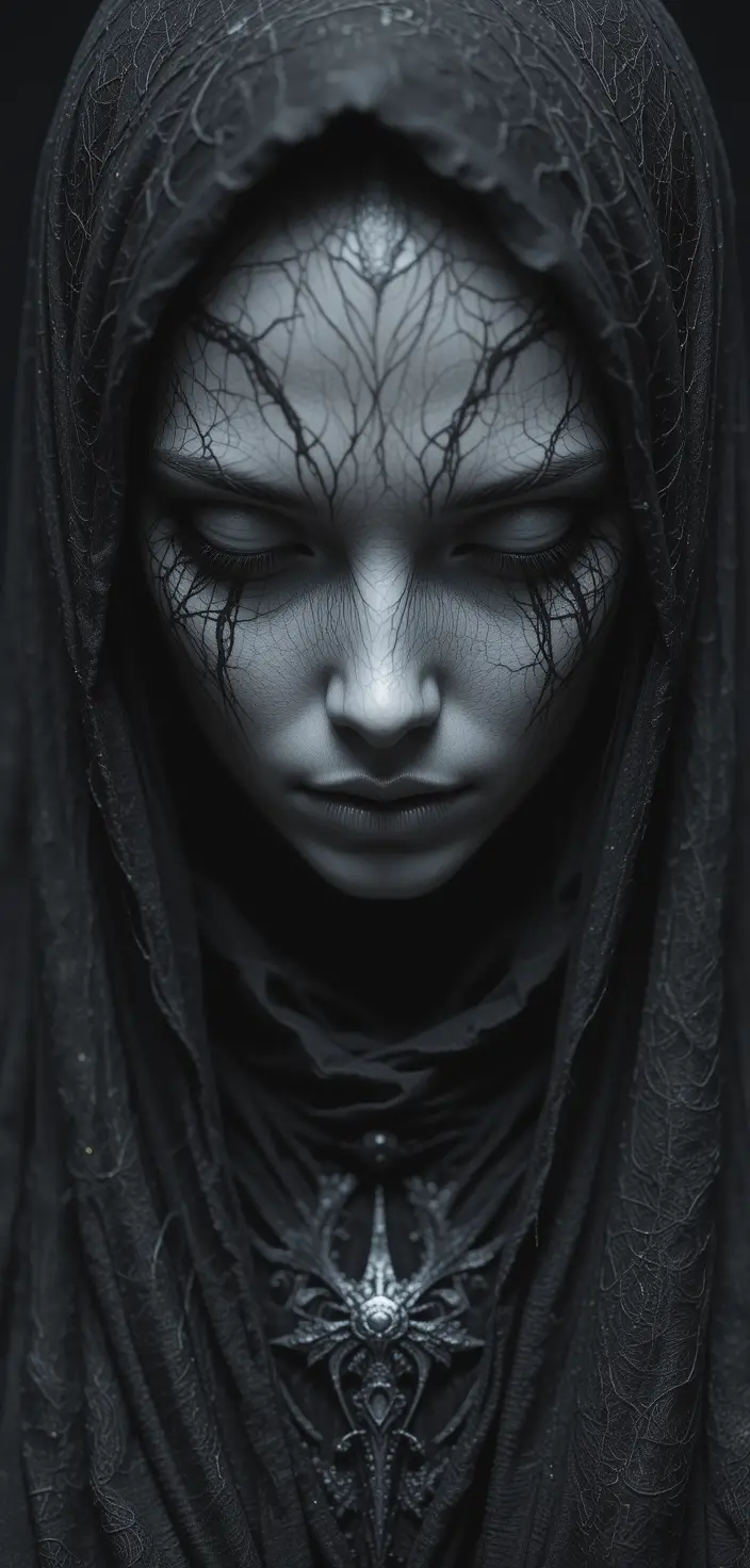 Ethereal grayscale close up of a cloaked fantasy woman