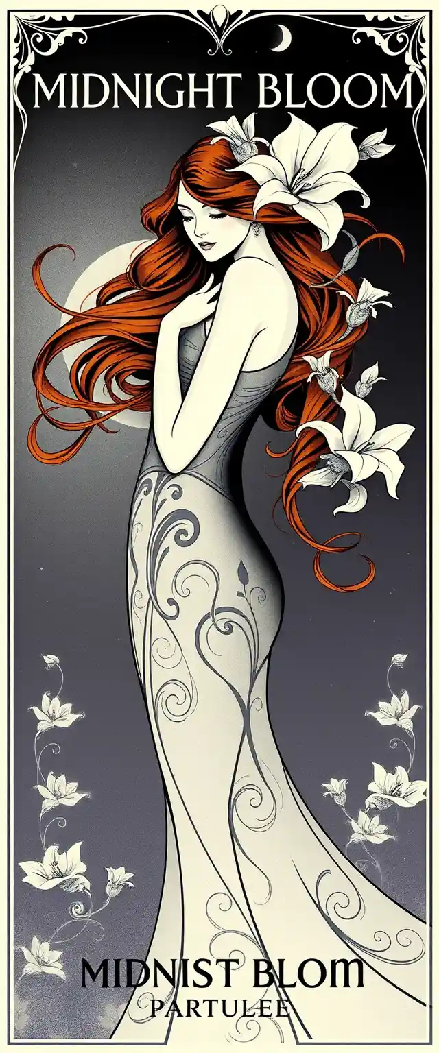 Art nouveau perfume poster with serene woman and lilies