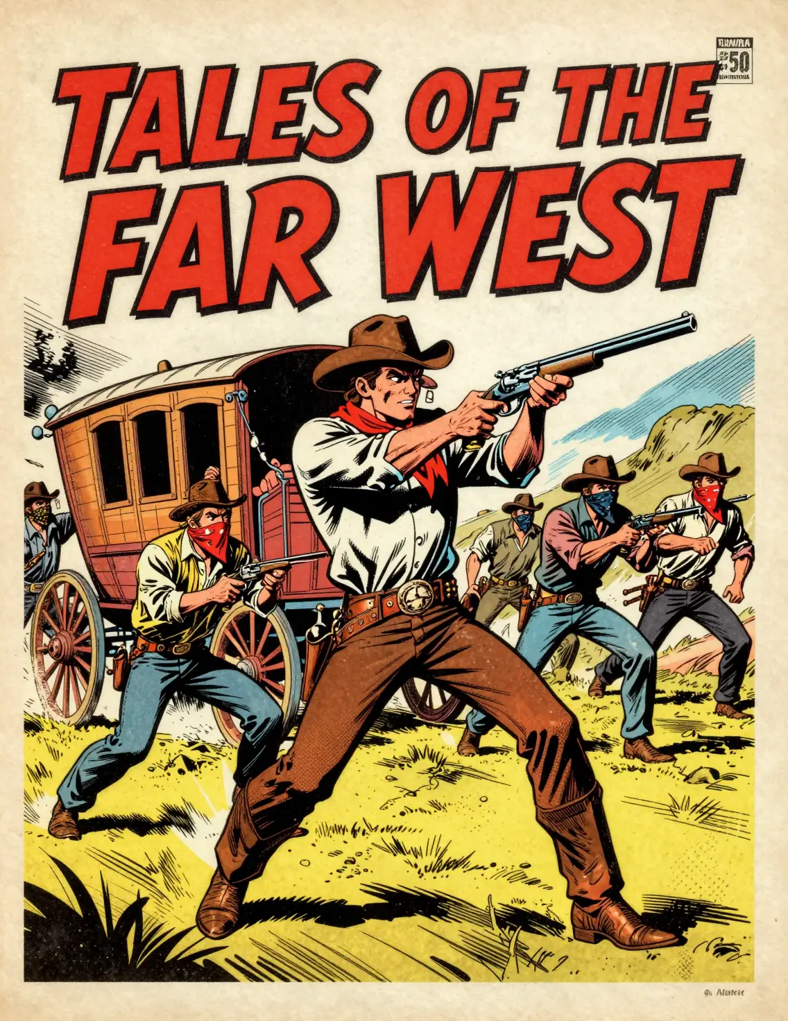 Heroic cowboy defending a stagecoach in vintage comic style