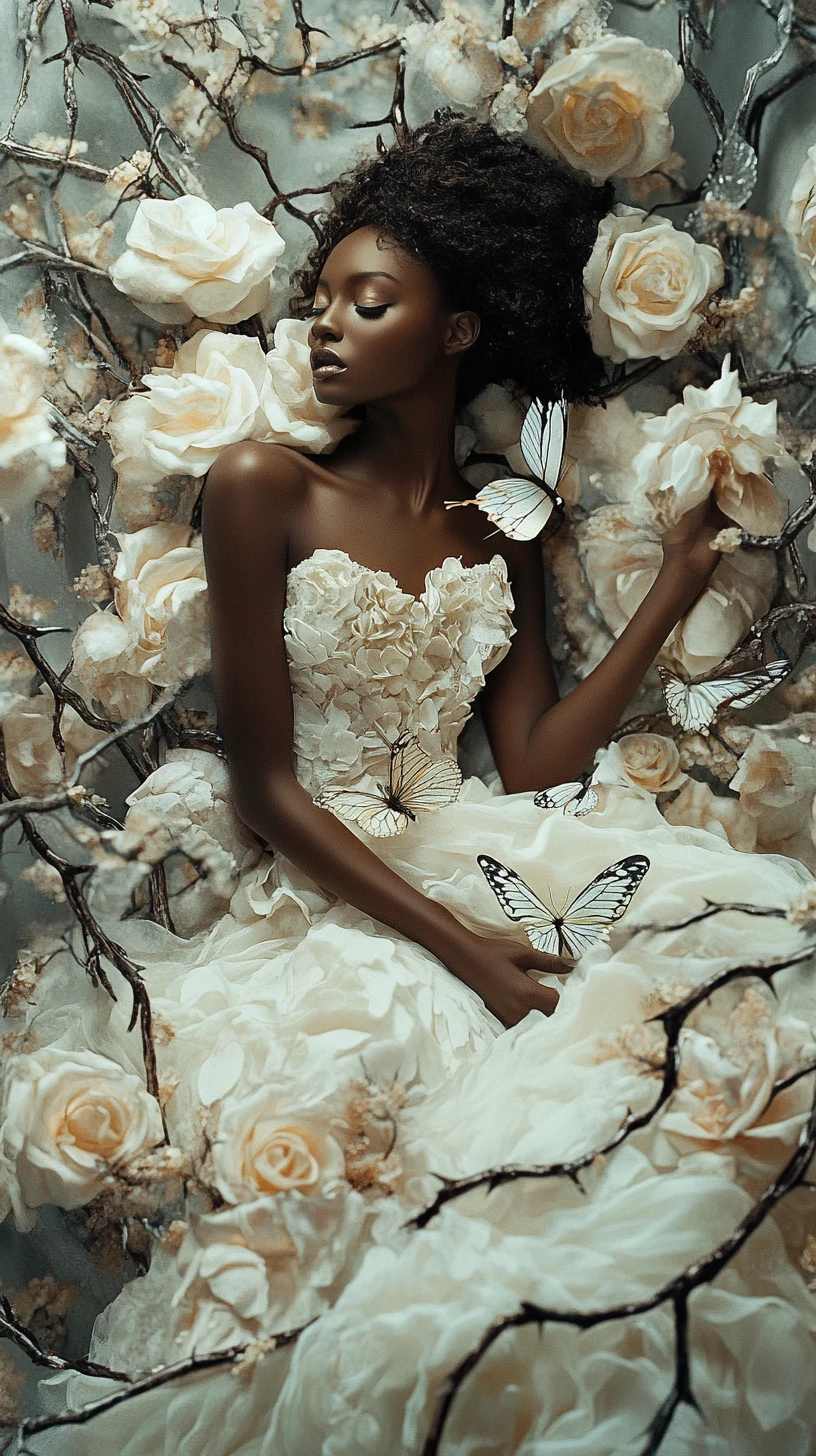 Dark fairy woman dissolving into roses and thorned vines