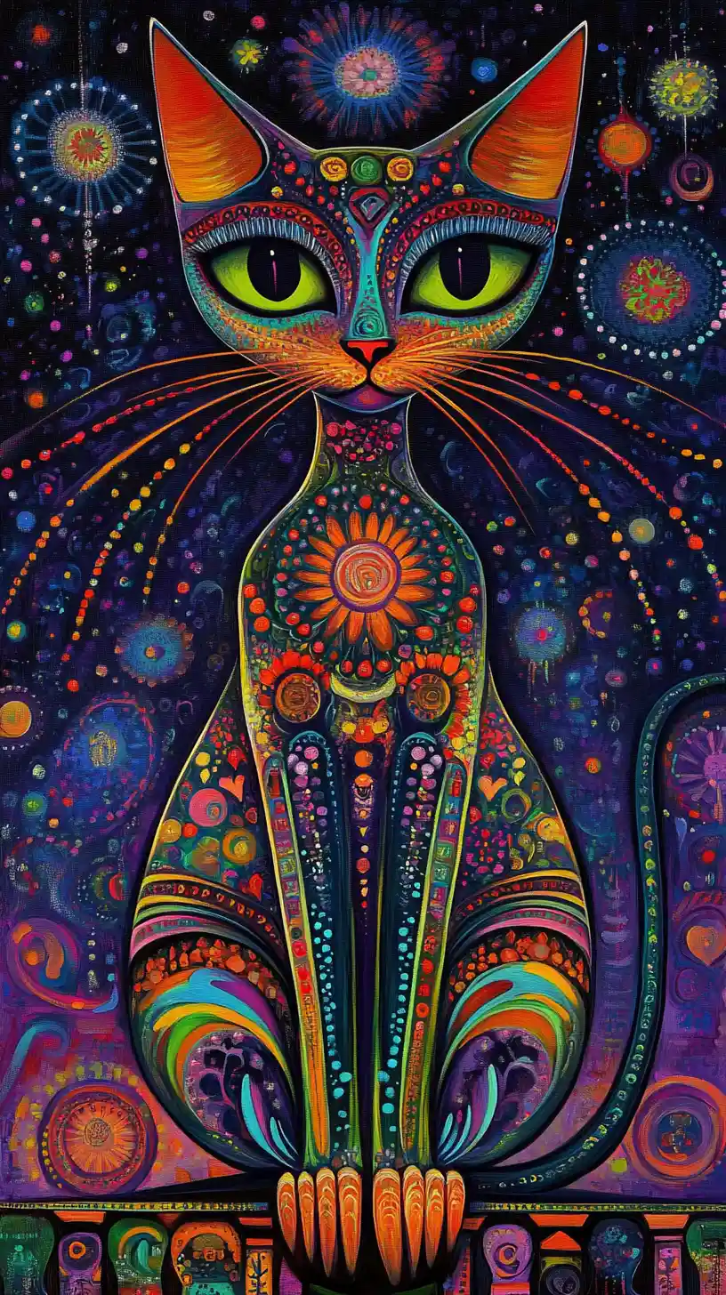 Colorful stylized cat with large eyes resting on a rooftop