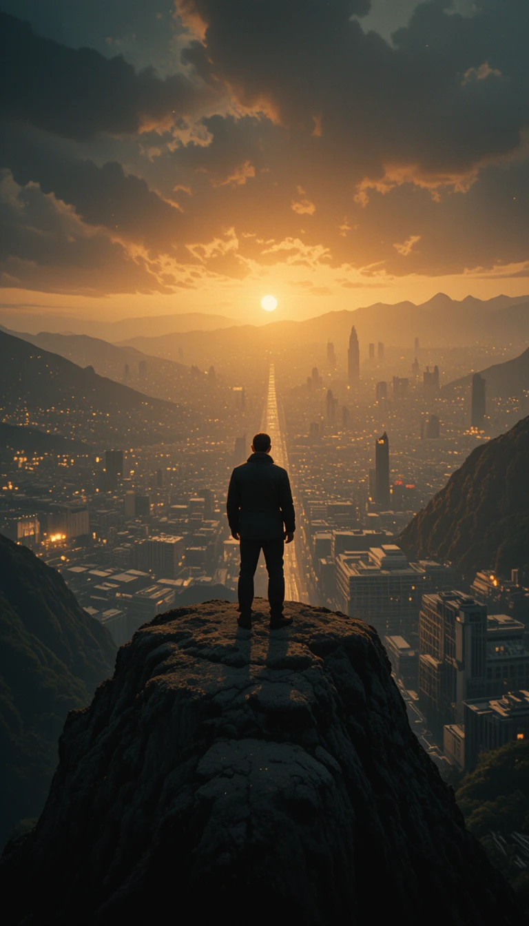 Man On Cliff Overlooking City At Golden Sunset