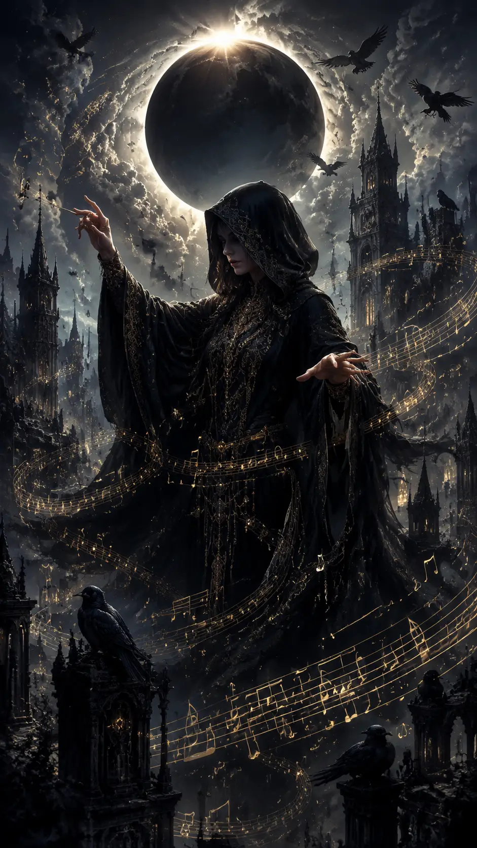 Hooded woman conducting an invisible orchestra under eclipse