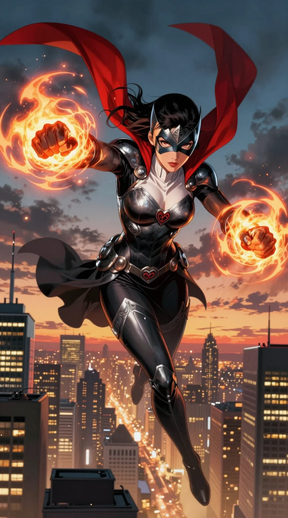 Masked female vigilante flying above a glowing city