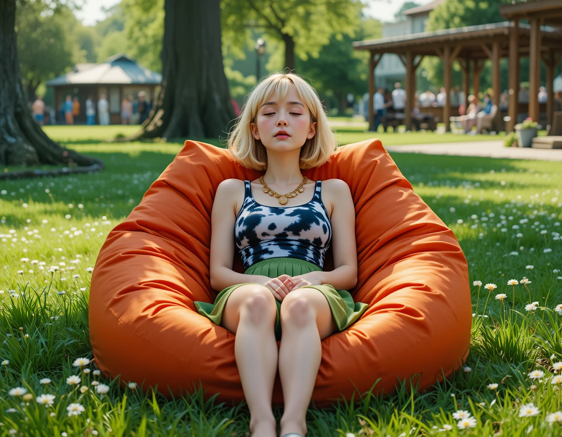 Young woman resting on orange beanbag in sunny park