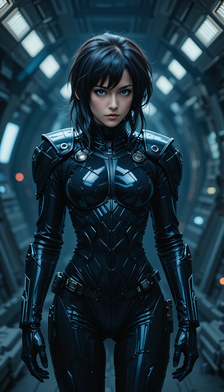 Armored captain undressing in a dim space station bay