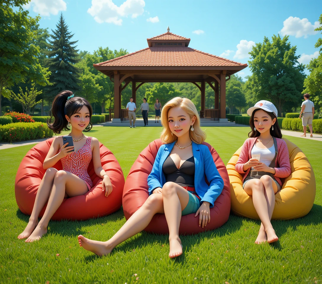 Three young women relaxing on beanbags in a sunny park