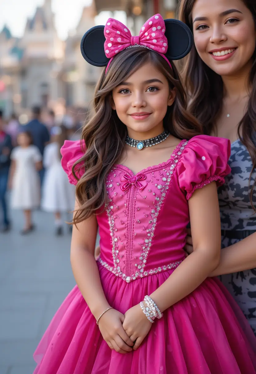Young boy in princess dress with his mother at Disneyland