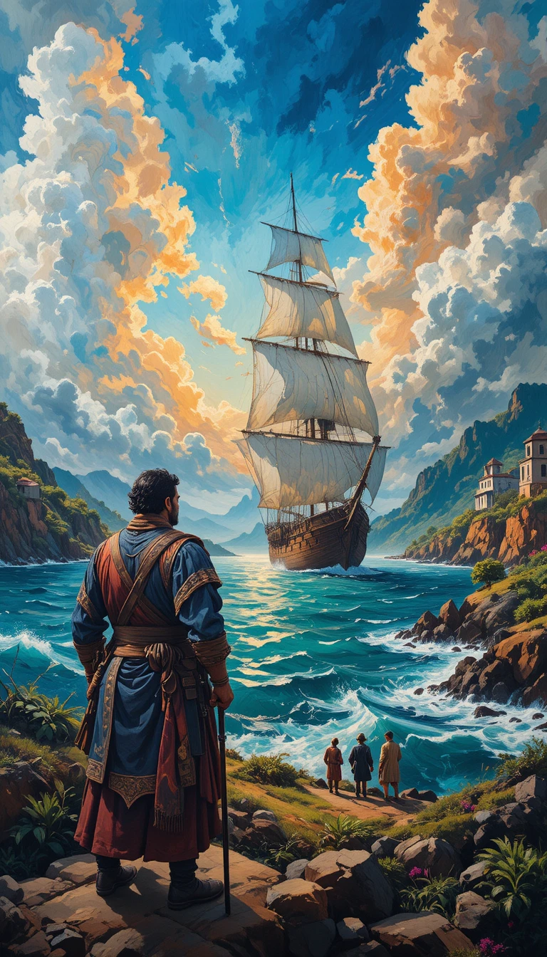 Sixteenth century sailor on a Portuguese carrack at sunrise