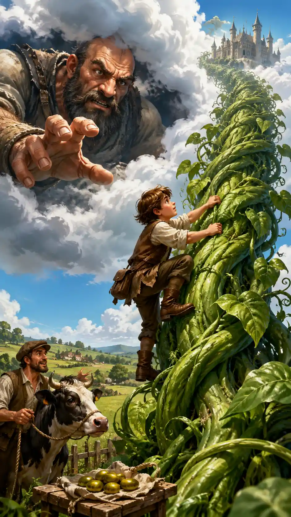 Brave boy climbing a towering magical beanstalk