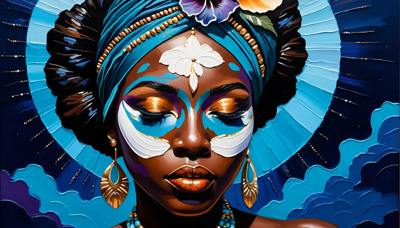 Serene portrait of a jeweled woman under a copper moon