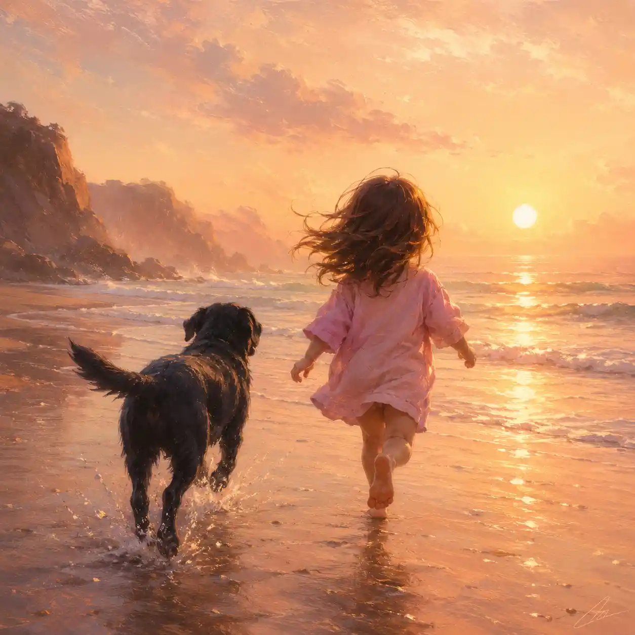 Little girl and dog running into the sunset sea