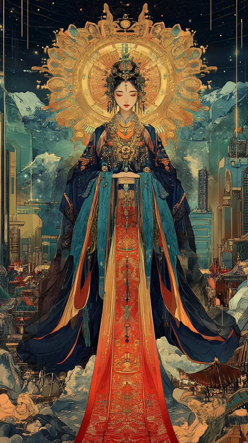 Regal silk road woman amid epic fantasy landscape
