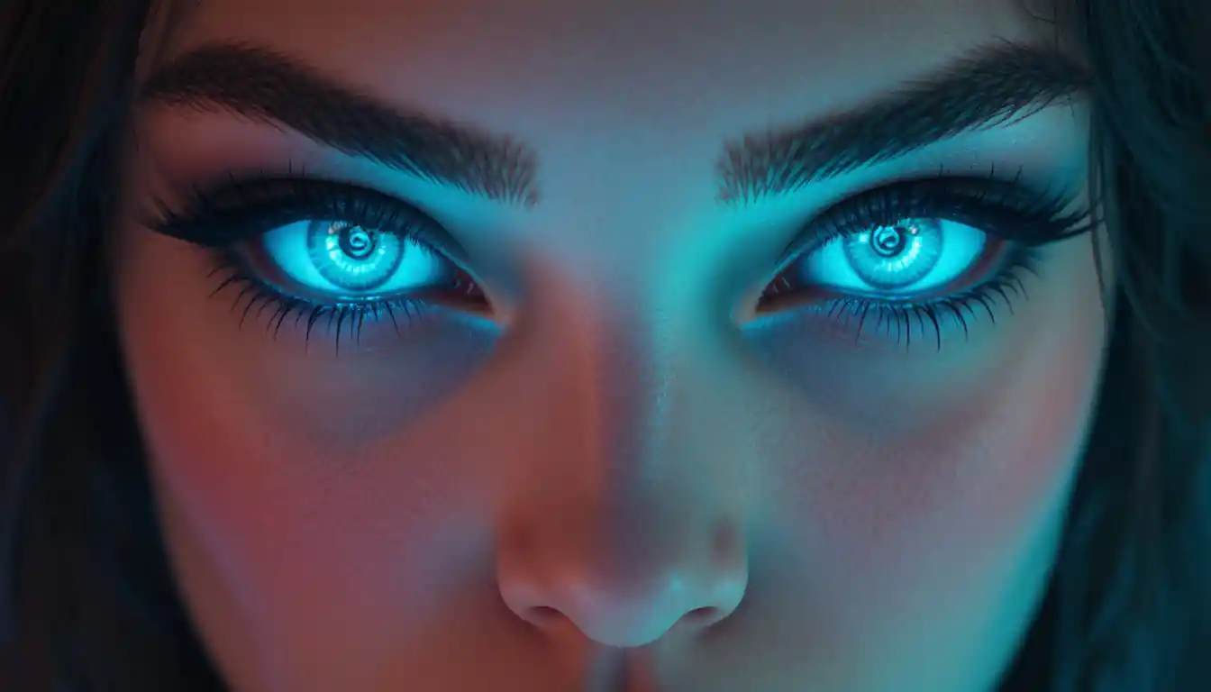 Macro close up of cybernetic blue eyes with bold makeup