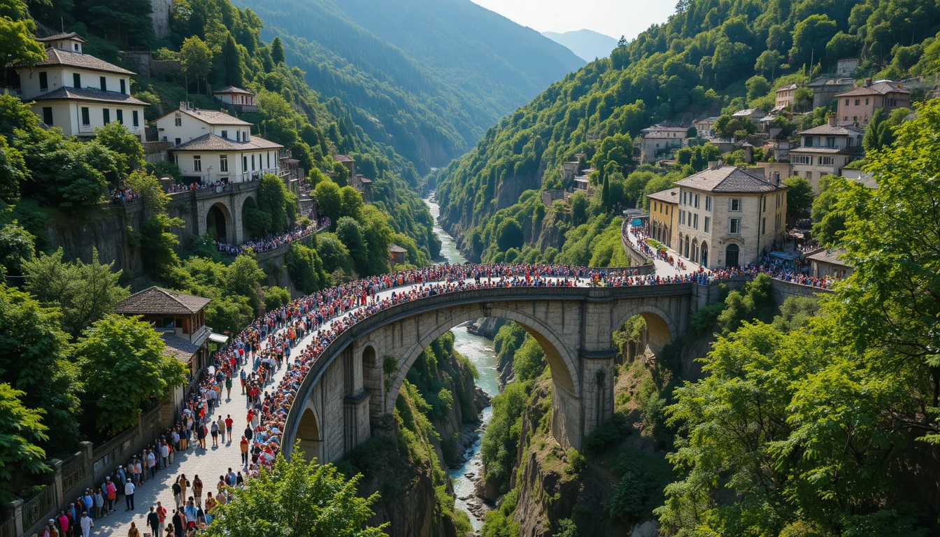 Aerial view of stone bridge crowded with festival spectators