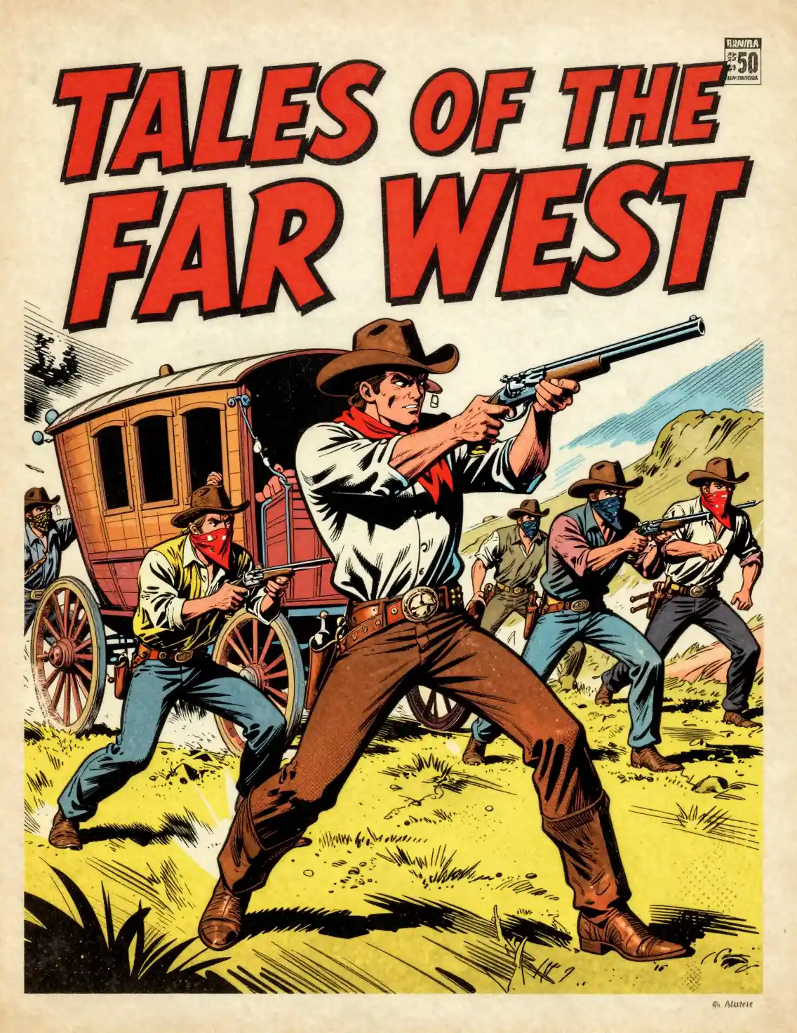 Heroic cowboy defending a stagecoach in vintage comic style
