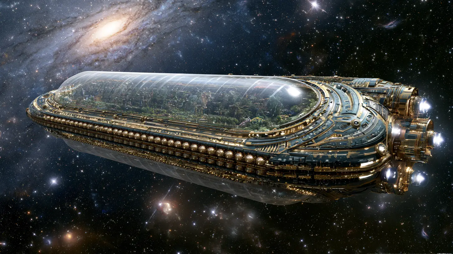 Vast generational spaceship gliding through star filled cosmos