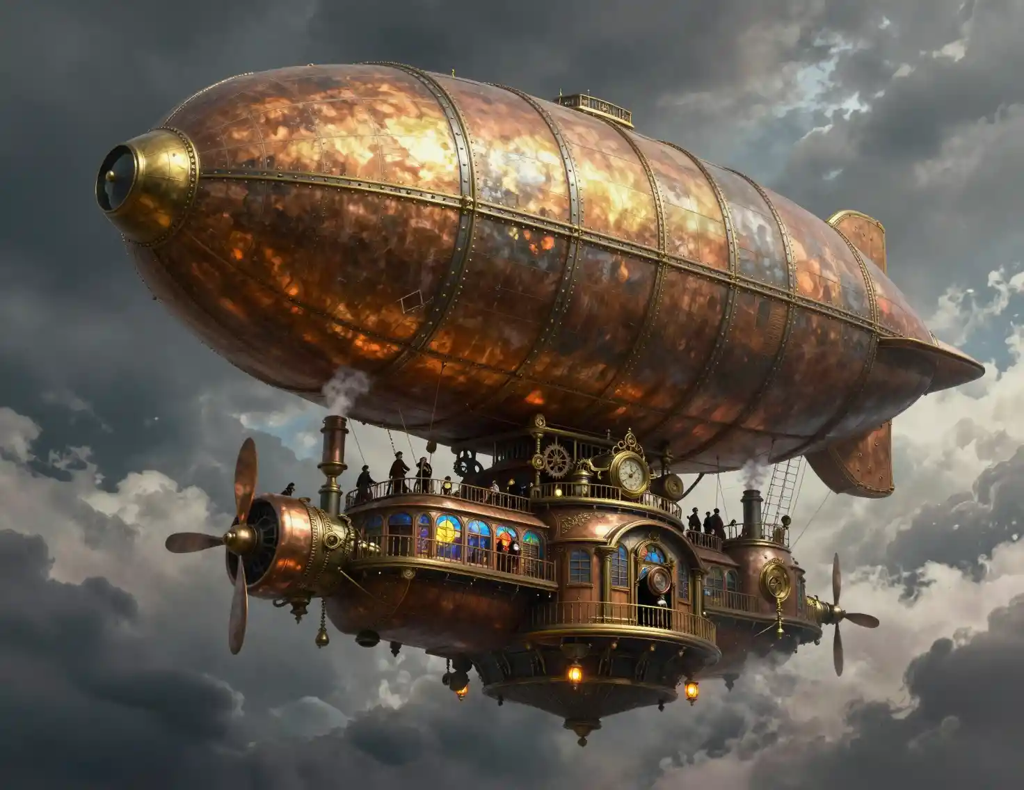Gigantic steampunk airship soaring through stormy clouds