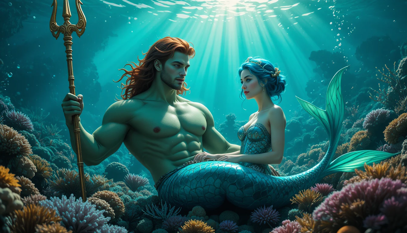 Merman and mermaid on a sunlit underwater coral reef