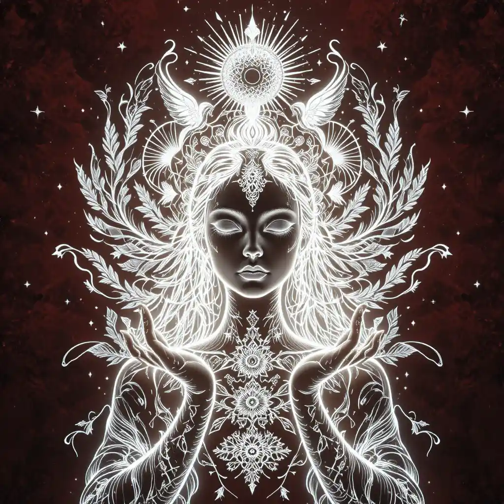 Symmetrical demoness portrait in glowing sacred line art