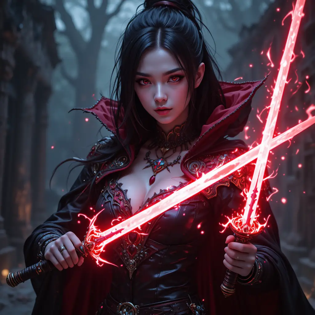 Vampire rogue woman with glowing magical daggers