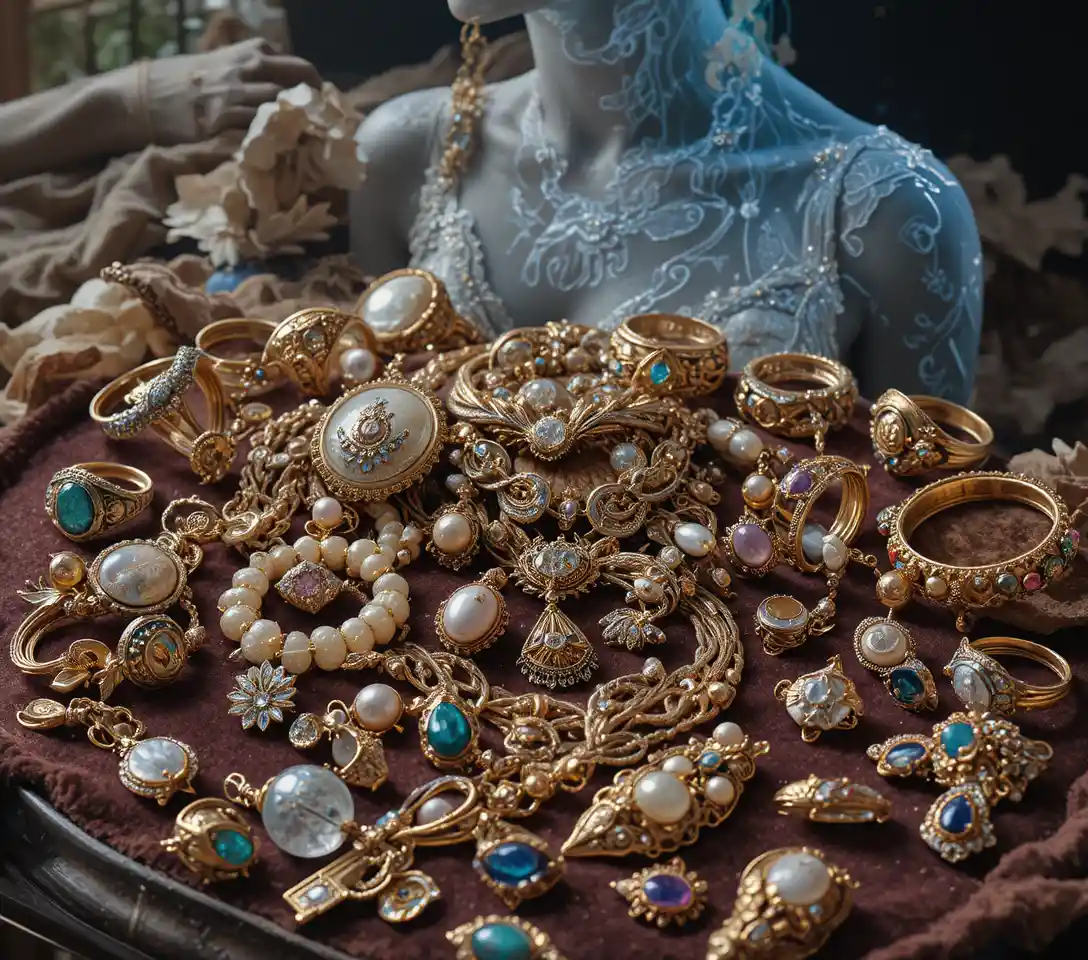 Curated vintage jewelry on velvet with soft natural light
