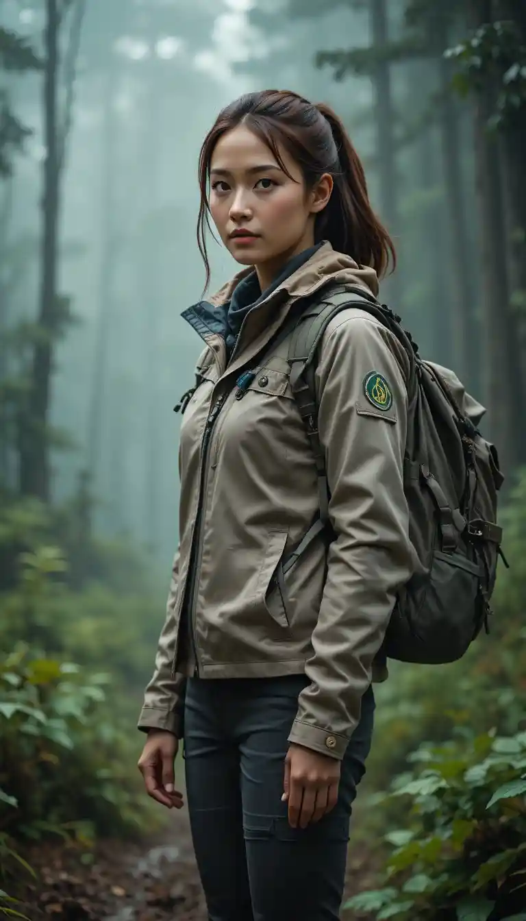Young woman hiking through a dramatic forest scene