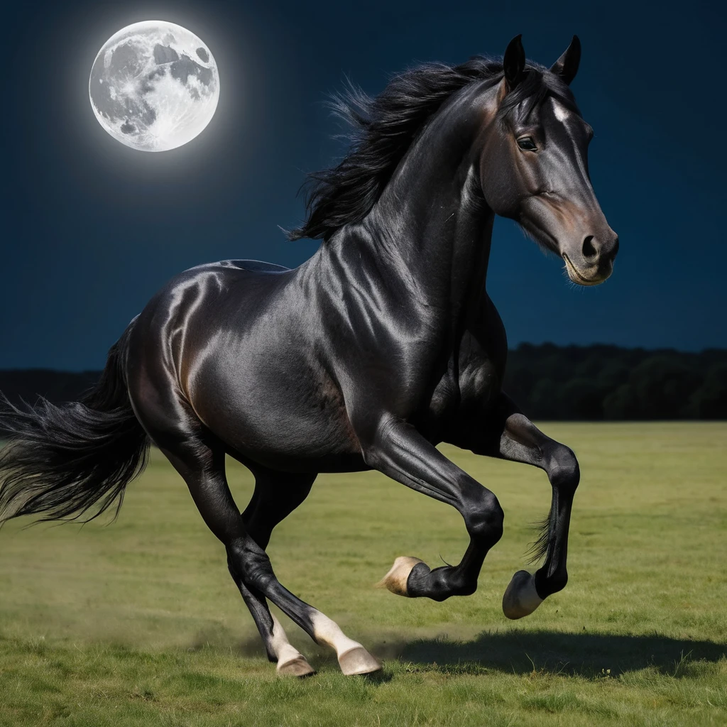 Black horse running through an open moonlit field