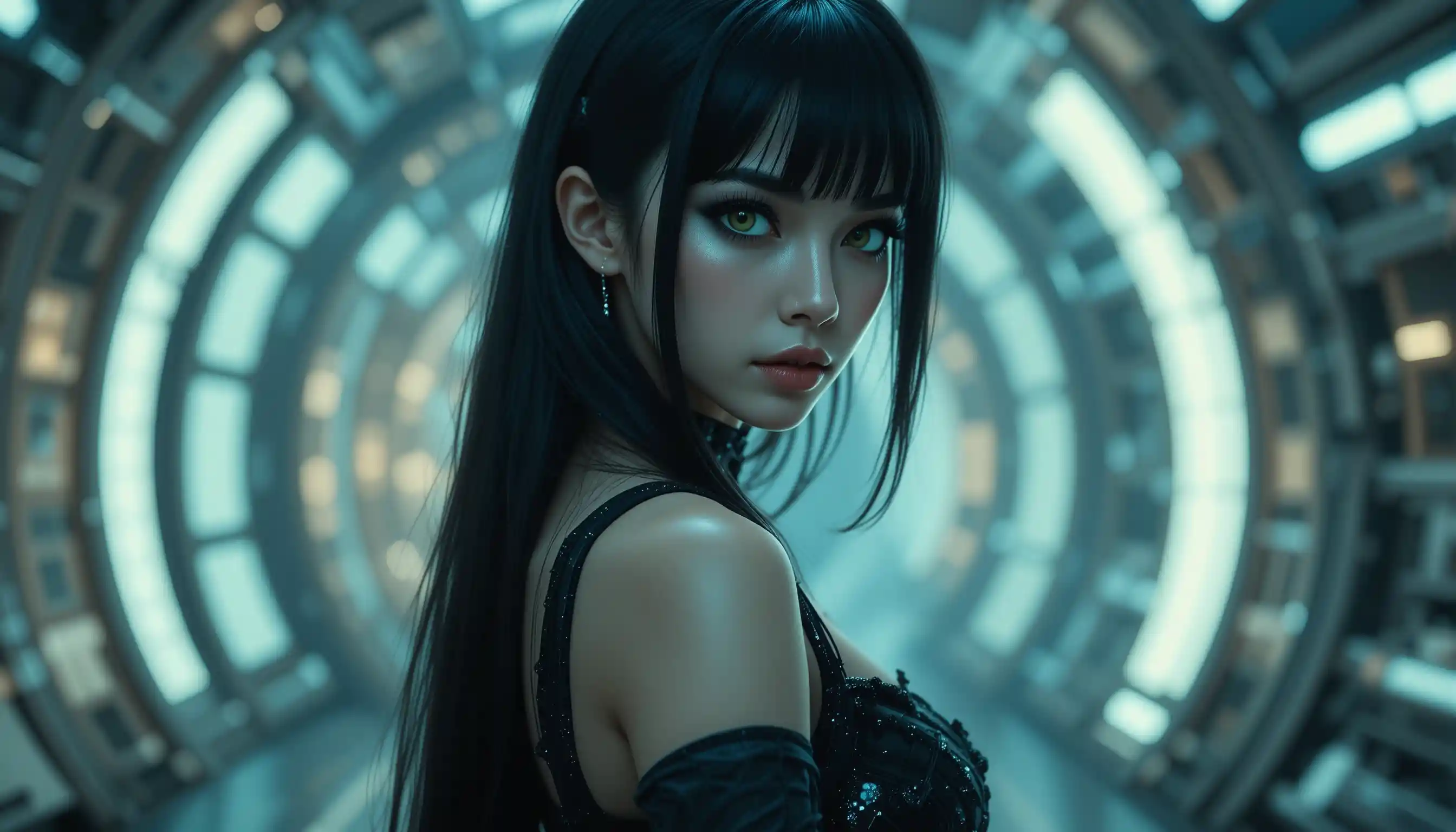 Femme fatale with green eyes in a futuristic space scene