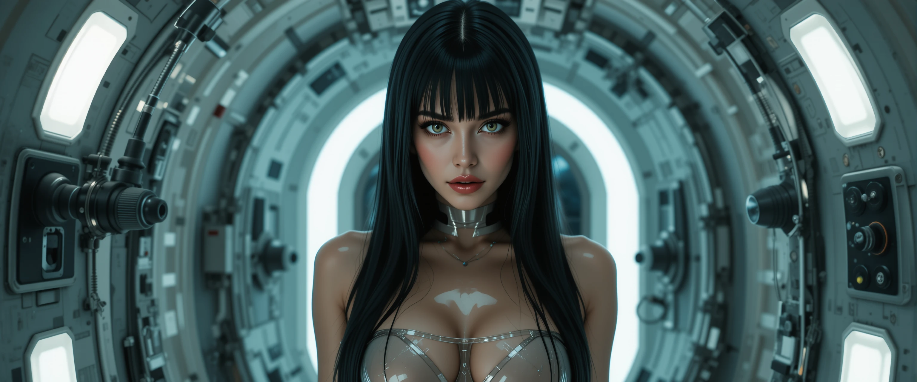 Sultry sci fi woman suspended in a glowing wall alcove