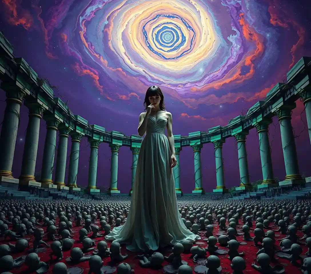 Woman standing alone in a decaying celestial amphitheater