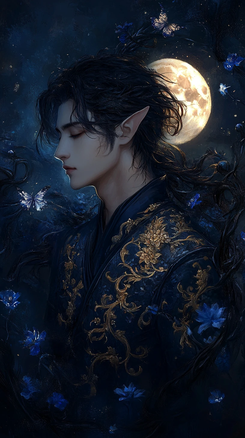 Fantasy fae prince before a glowing crescent moon