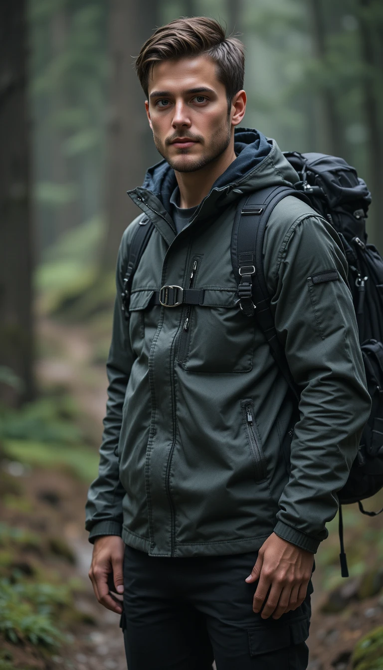 Calm athletic man in hiking gear with cinematic realism